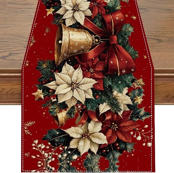 Christmas Table Runner 33 x 183 cm, Red Christmas Table Runner, Xmas Bells Poinsettia Flowers Table Decoration for Xmas Holiday Seasonal Home Party Decor