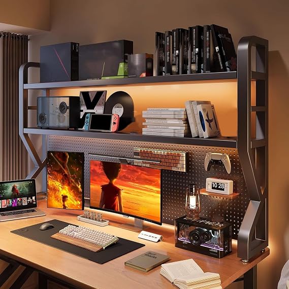 2-Tier Desktop Hutch Bookshelf, Desk Shelf Organizer with Pegboard, Countertop Storage Organizer Rack for Dorm Or Office, Esports Style Computer Desk(53.1"x39")