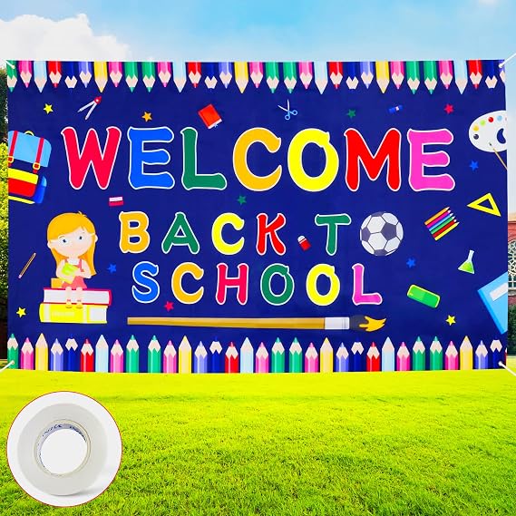 Welcome Back School Banner - 77"x44" Extra Large Fabric The First Day of School Classroom Decoration Banner School Photo Backdrop Decor and Decorative Wall Party Background Supplies Indoor & Outdoor