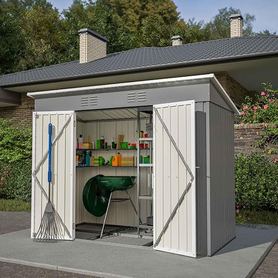 BIRCHTREE Garden Shed Metal Pent Roof 4FT X 8FT Outdoor Storage With Free Foundation Grey and White