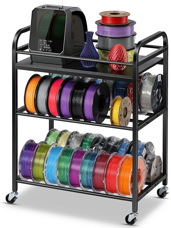3D Printer Filament Storage Rack – 3 Tier Rolling Filament Cart with Wheels, Metal Spool Organiser Stand for PLA PETG ABS TPU, 3D Printing Accessories Storage Trolley