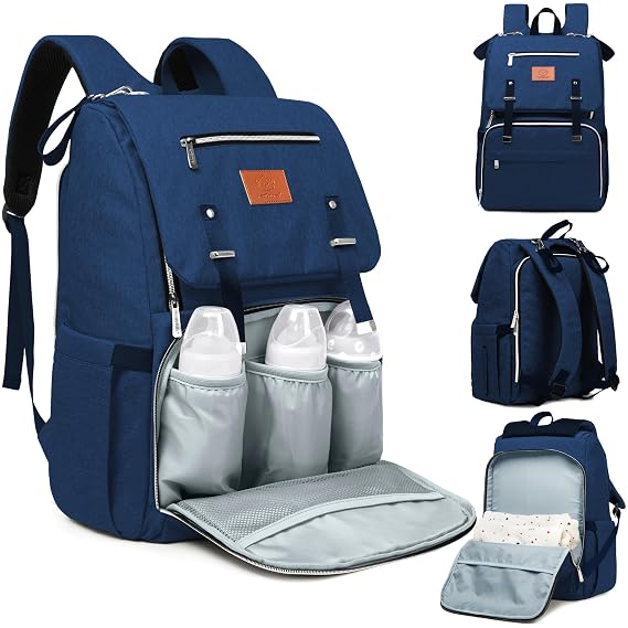 KeaBabies Baby Diaper Bag Backpack with Changing Pad, Large (Navy Blue) | Waterproof Baby Bag for Mom and Dad, Insulated Bottle Pockets, Durable Toddler, Twin, Boy Girl Diaper Backpack for Travel