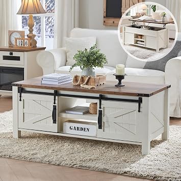 OKD 48 Farmhouse Lift Top Coffee Table with Sliding Barn Door,Rustic Center Table wHidden Storage Compartment, Lift Tabletop Dining Table wAdjustable Shelf for Living Room,Light Rustic Oak