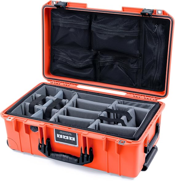 ColorCase Pelican Air 1535 Carry-on Case Orange - Medium Size Waterproof Case with Gray Padded Microfiber Dividers & Mesh Lid Organizer - Black Handles & Latches