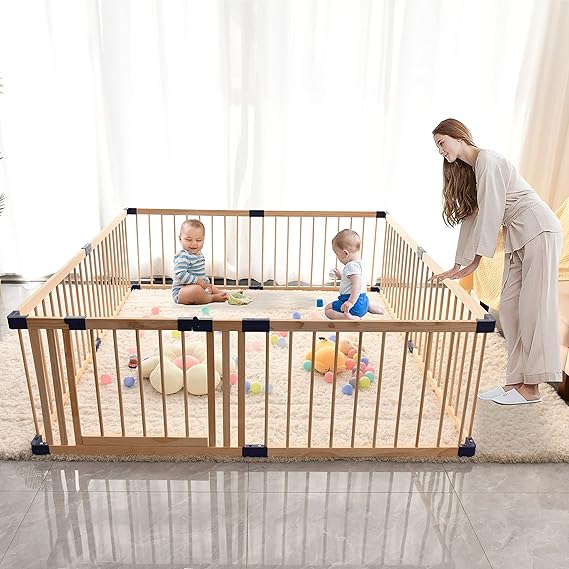 Baby Playpen,Wooden Playpen, Large Kids Play Fence,Play Center Yard,Indoor & Outdoor Safety Play Area,Kids Safety Activity Center Playard w/Locking Gate for Toddler & Babies (70.86Inx78.74Inx24In)