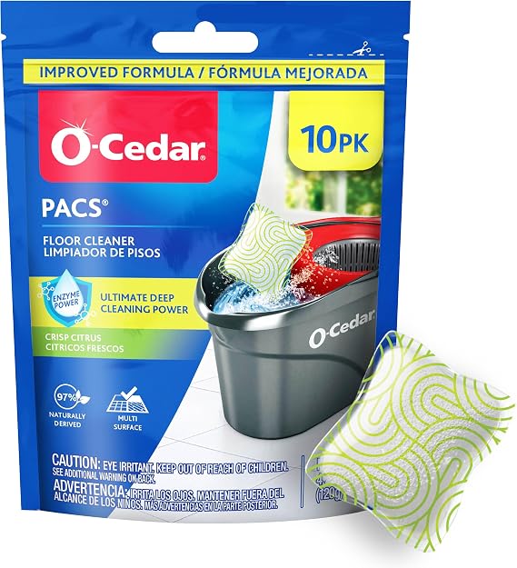 O-Cedar PACS Floor Cleaner, Crisp Citrus Scent 10 Count | Enzyme-Powered Pods for Streak-Free Cleaning on Wood, Tile & Laminate Floors