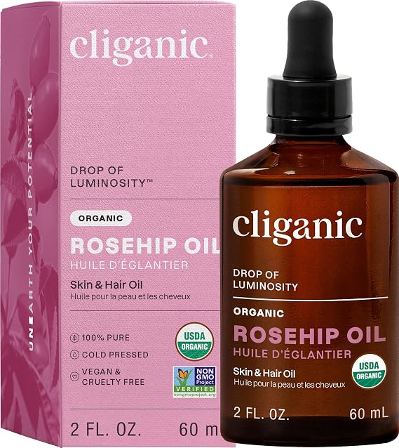 Cliganic Organic Rosehip Seed Oil for Face, 100% Pure | Natural Cold Pressed Unrefined Non-GMO | Carrier Oil for Skin, Hair & Nails