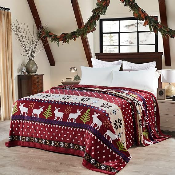 Home Soft Things Christmas Collection Flannel Fleece Blanket, Queen, Burgundy Christmas Deer, 90" x 90", Winter Warm Cozy Throw Blanket for Bed Home Decor