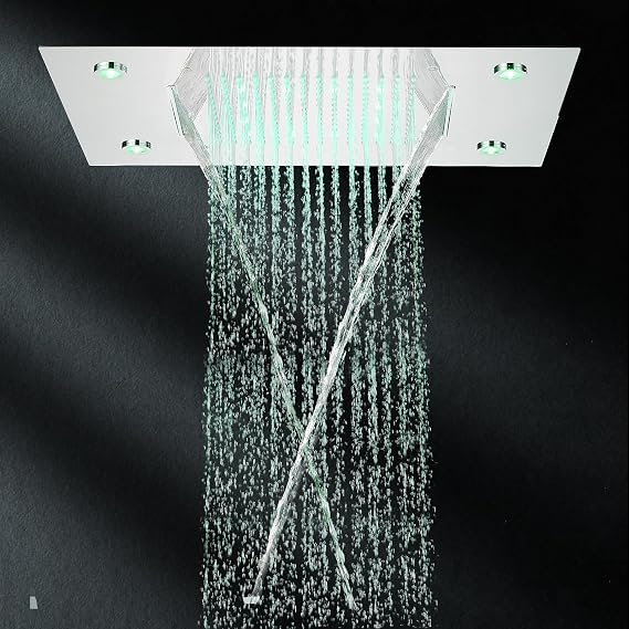 Chrome LED 14X20 Inch Rainfall Waterfall Shower Head Stainless Steel Ceiling Rain Shower Head Rectangle Embedded Type Bathroom Large Square Top Sprayer Shower Head