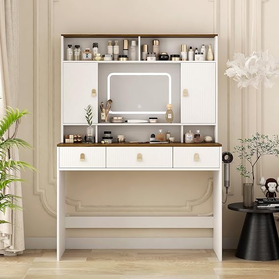 Farmhouse Dressing Table Makeup Table, 43" Wide Dressing Table with Lighted Mirror and Makeup Drawer, Large Modern Dressing Table Set with Hair Dryer Holder for Bedroom, White