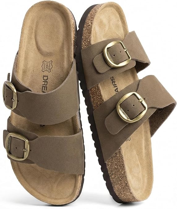 DREAM PAIRS Women's Slides Soft Genuine Footbed Sandals Comfortable Adjustable Double Buckle Slip-on Flat Sandals with Arch Support Frame Dual Slippers for Summer 2026