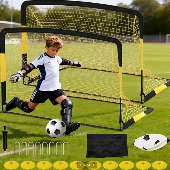 6x4 ft Soccer Goal Set, Portable 2-Pack Pop Up Nets with Ball, Pump, Cones & Bag Kids Backyard Soccer Equipment, Easy Assembly