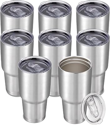 30 oz Tumbler with Lid Stainless Steel Tumblers Bulk Vacuum Insulated Cup Reusable Powder Coated Travel Mug Double Wall Leak Proof Cups Keep Cold Drinks for 12 Hours Stainless, Set of 8