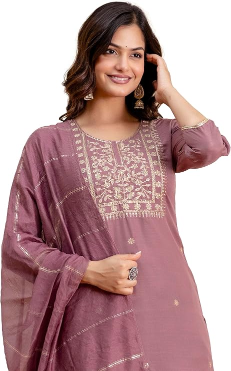 TRENDMALLS Women's Cambric Cotton Embroidery Work Kurta Pant with Dupatta Set
