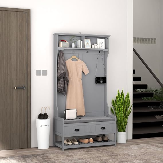 HOMCOM 3-in-1 Hall Tree Entryway Bench Coat Rack 2 Storage Drawers, Gray | Mudroom Bench with Shoe Rack, 4 Hooks, Padded Seat Cushions, for Hallway