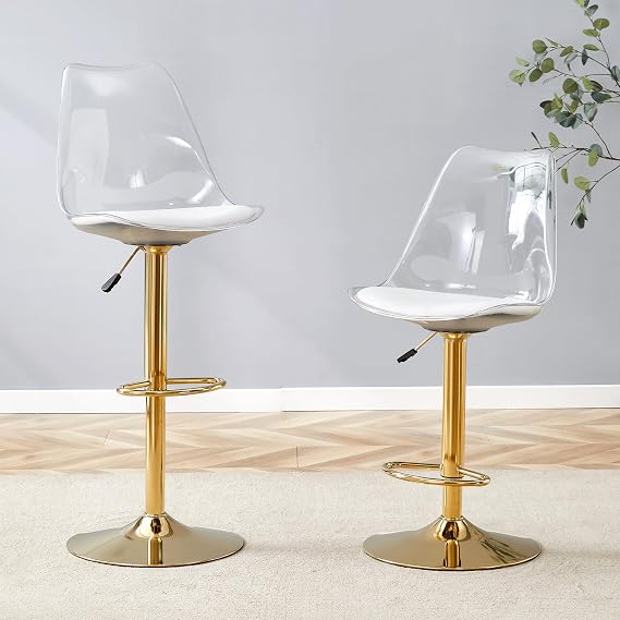 JUFU Acrylic Bar Stools, Modern Adjustable Height Swivel Counter Stools,Clear Bar Chairs with PU Leather Seat and Footrest for Bar, Pub, Kitchen