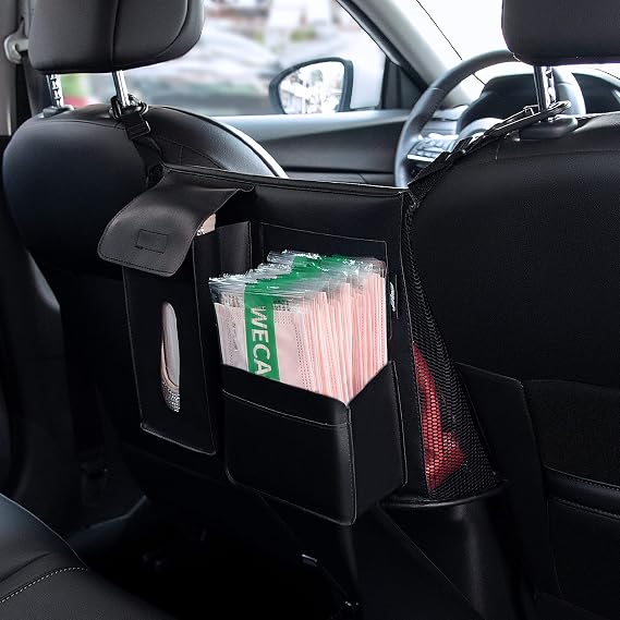 eing Car Storage Organizer, Back Seat Mesh Purse Holder, Car Net Pocket Handbag for Pets Kids Women, Automotive Consoles Purse Holder, Pu Leather Black