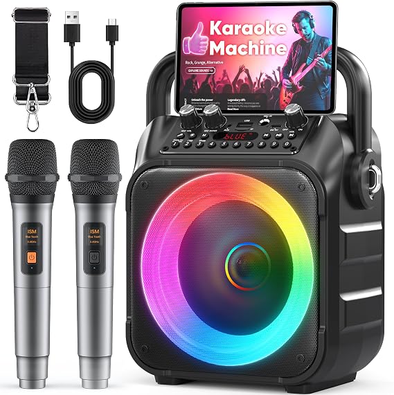 Karaoke Machine with 2 Wireless Microphones: Portable Bluetooth Karaoke Speaker for Adults Kids, Connects to TV Phone Tablet, Party Speaker Gift for Home Outdoor Family, PA Power-Amplifiers