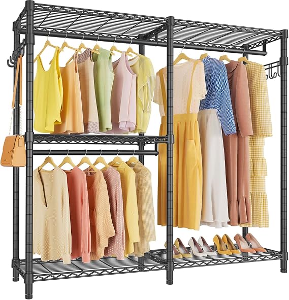 VIPEK V4S Heavy Duty Clothes Rack 800lb Capacity Double Rod Clothes Rack with Adjustable Shelf and Side Hooks, Metal Wardrobe Closet System, Easy AssemblyBlack