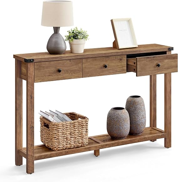 VASAGLE 47.2" Narrow Console Table with 3 Drawers and Open Storage Shelf