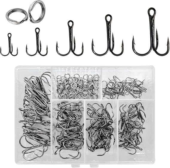 200 Pack Fishing Treble Hooks Kit High Carbon Steel Hooks Strong Sharp Round Bend with Split Rings for Lures Baits Saltwater Freshwater Fishing Size 2# 4# 6# 8# 10#