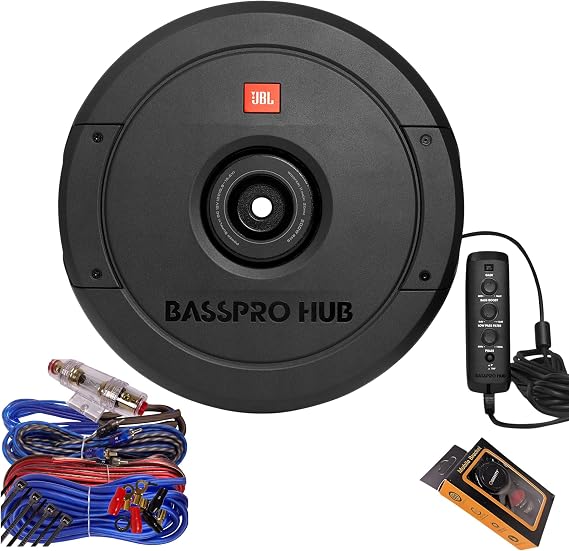 JBL BassPro Hub 11" Powered Car 200W Peak Subwoofer & Wiring Kit Deep Bass, Compact Design, Black