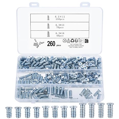 260 Pcs Euro Screws for Hinges, Flat Head Cabinet Screws, 3 Sizes
