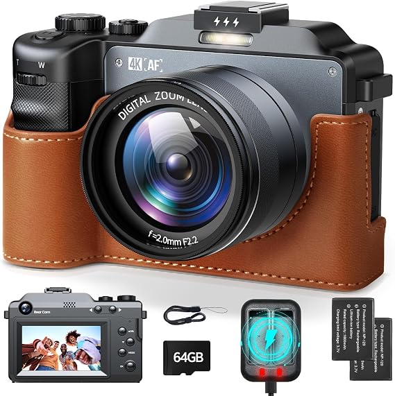 4K Digital Camera for Photography, 64MP Autofocus Vlogging Camera with Dual Lens 18X Zoom, 3" LCD Screen, Built-in Flash, Compact Point and Shoot Travel Camera with 64GB Card, 2 Batteries