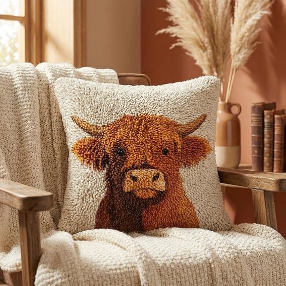 Xqzbmt Highland Cow Cushion Latch Hook Cushion Kits for Adults Beginners, Pre-Printed Canvas DIY Embroidery Cushion Cover, 17x17in Rug Making Kit Home Sofa Festive Decor & Gift