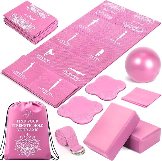 Foldable Yoga Mat and Blocks Set for Women with 2 Pack Yoga Blocks and Strap,Thin Non Slip Pilates Mat with Bag, Home Workout Equipment Essentials Starter Kit for Beginners Full Body Toning