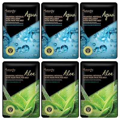 Charcoal Mineral Mask Pack for Men, Korean Skincare Face Wrinkle Treatmen Mask Sheets, Mens Skin Care Sets, Travel Essentials & Gift Sets for Men Collagen & Aloe, Pack of 6pcs