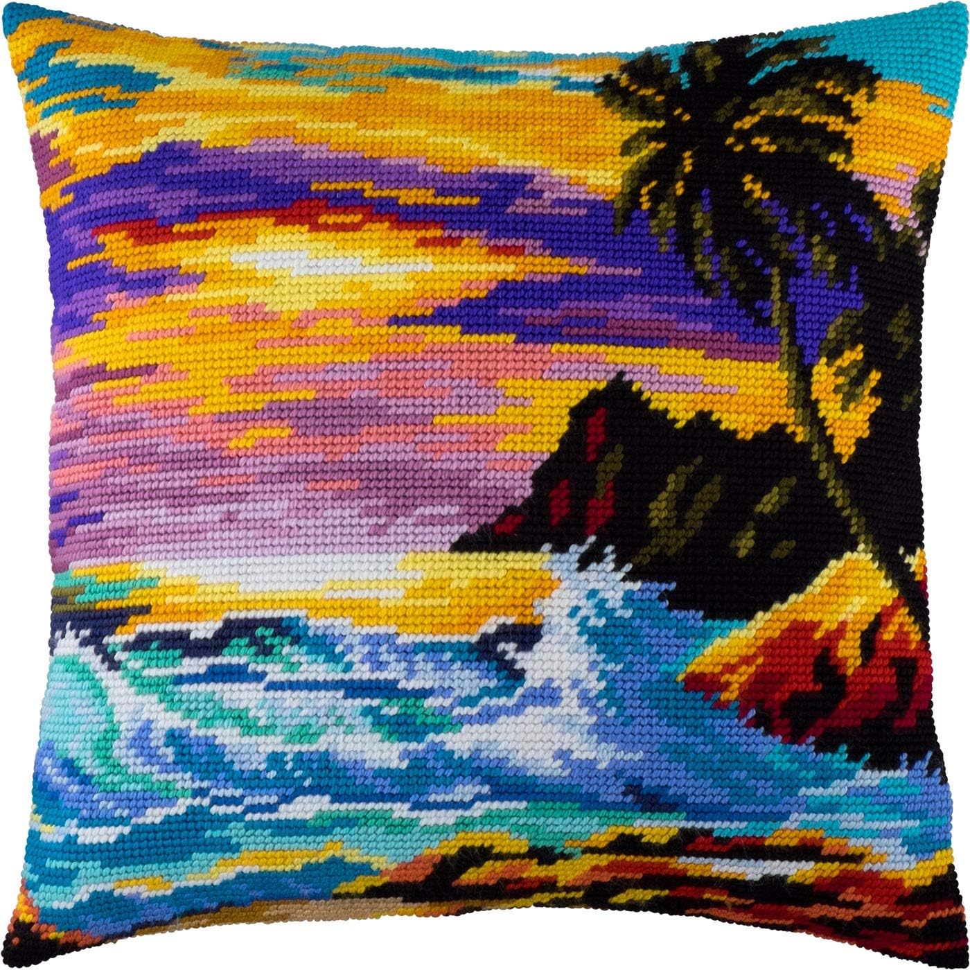 Brvsk Landscape Embroidery Kit for Adults and Beginners — Tropical Sunset 16″ × 16″ with Clear, Precise Printed Design on Cotton Canvas; Includes 2 Needles, Yarn, and Easy-Read Chart