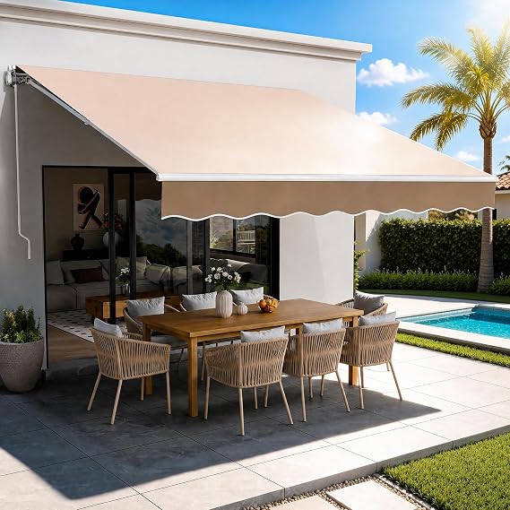VEVOR Manual Retractable Awning 12 x 10 ft Outdoor Patio Awning Sun Shade | For Balcony Backyard, Adjustable Angle, Patio Door Window Water-Resistant Polyester Sunshade Shelter with Crank Handle, Khaki