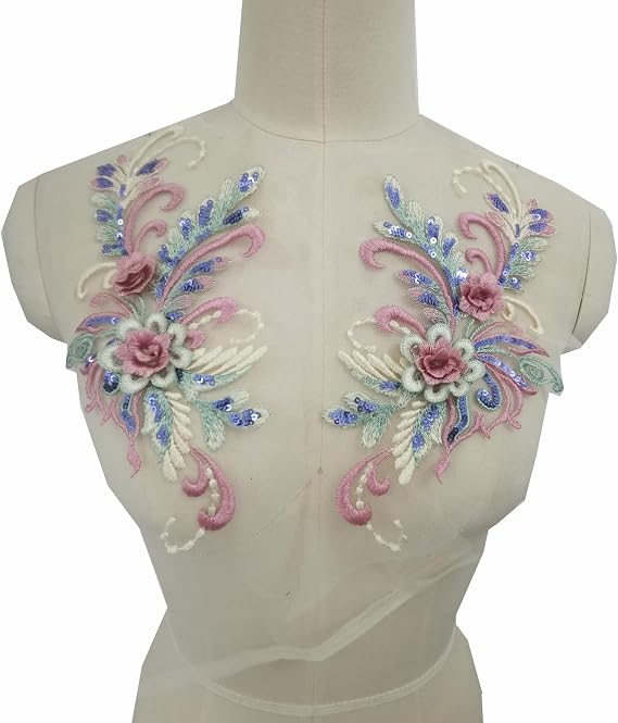 Floral Embroidered Lace Applique Patches DIY, Pink+Yellow, 2Pcs | Sequined Rose Pattern, 3D Flower Design, DIY Clothing, Wedding Dress Decoration, Bridal Gown Decoration