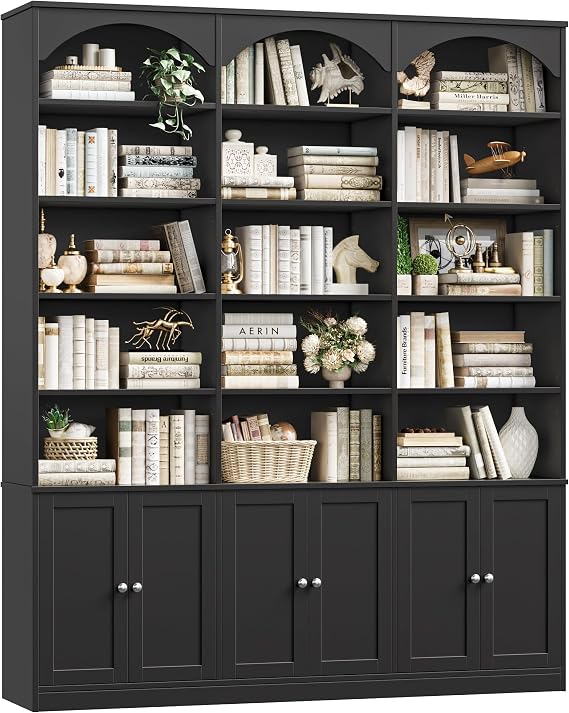 FACBOTALL 78" Tall Bookshelf, 5 Tier Large Black Arched Bookcase with Doors