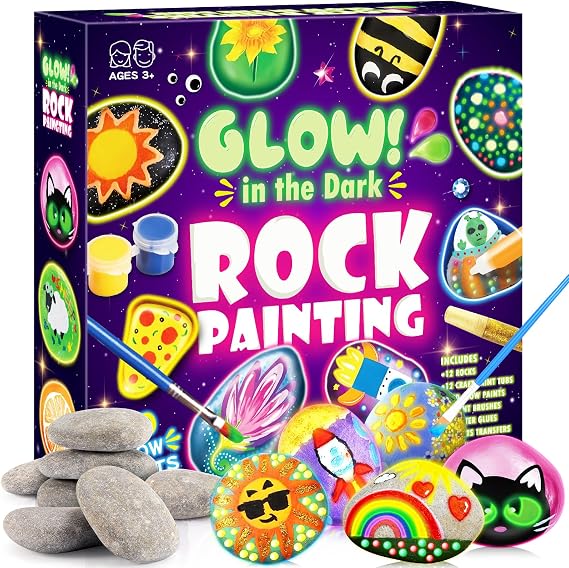 Glow Rock Painting Kit, Arts and Crafts for Kids Age 5 6 7 8 9 10 Toys for 6 7 8 9 10 Year Old Girls Craft Kits for Girls Boys Age 6-12 Glow in The Dark Painting Set for Kids 6-12 Birthday Gifts
