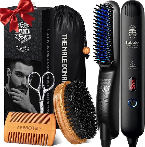 Innovation Beard&Hair Straightener for Men w/Natural Boar Bristle Brush, Pear Wood Comb, Mustache Scissors and Travel Bag, Professional Beard Care Set for Him, Men's Fashion and Grooming Gifts