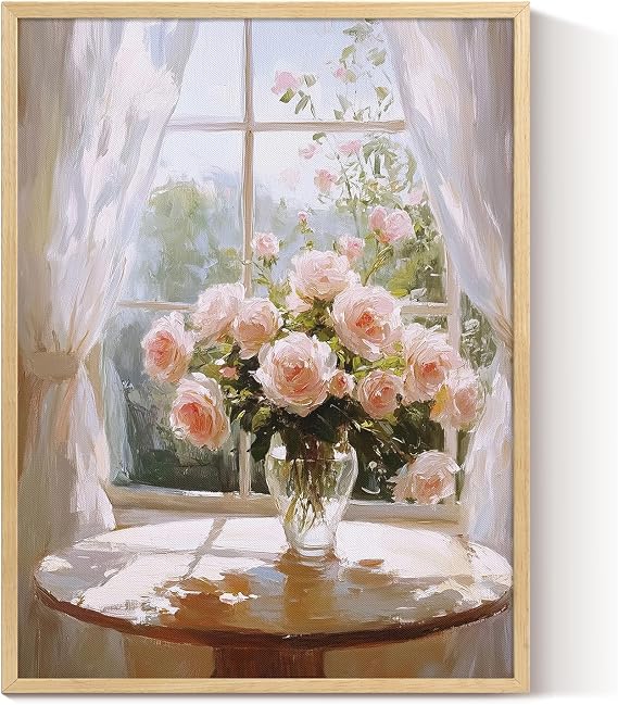 VIYYIEA Metal Framed Canvas Wall Art, Bedroom Pink Floral Decor, Sunlit Roses by Window Painting, Coquette Room Romantic Girly Cottagecore Farmhouse Decor, 12x16inch