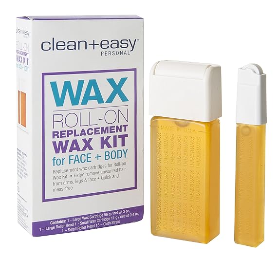 Clean + Easy Roll on Wax Kit Face & Body Hair Removal Cartridge Refills with Wax Roller Heads, At-Home Use
