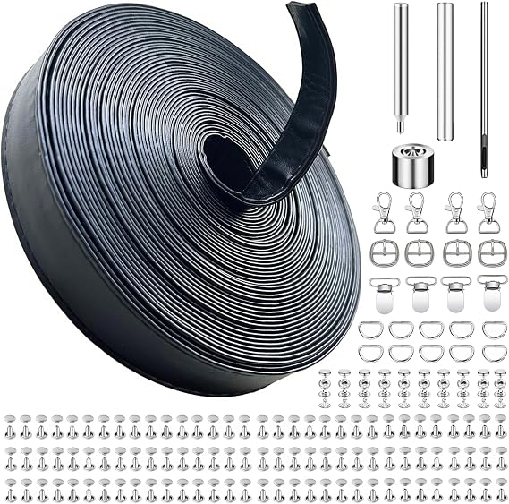 AOUXSEEM 196inches Long Black PU Faux Leather Strip Kit (3/4in Wide) with Rivets Snap Buttons Setting Tools, Constant Roll for Hanging Belt Making DIY Purse Strap Dog Collar Lanyard Crafts