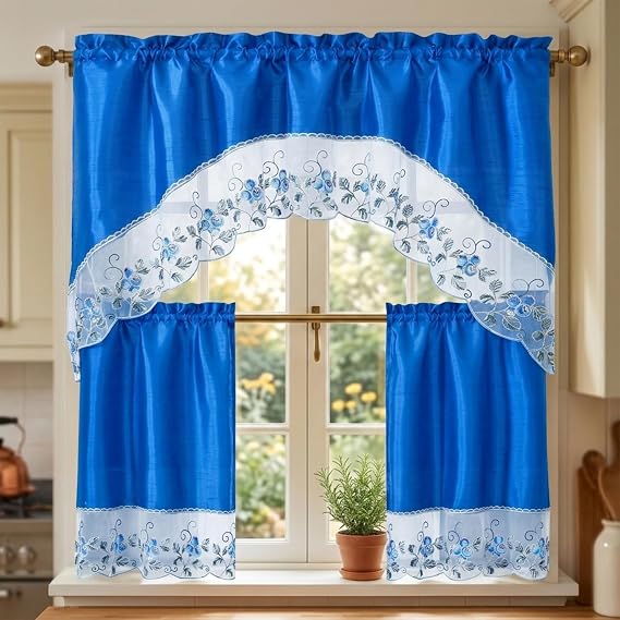 YHSF 3 Piece Kitchen Curtains Tier Set with Valance, Blueberry Blue