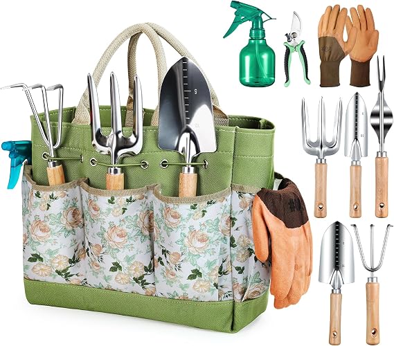 Grenebo Heavy Duty Gardening Tools with Handbag, Gardening Gifts for Women | Rust-Resistant Steel Garden Tool Sets for Women, Men, Durable, Ergonomic Wooden Handle, Idea for Planting Work