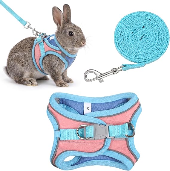 Bunny Harness and Leash Adjustable Rabbit Harness and Leash Set Bunny Collar Small Pet Cute Vest Harness-Leash Double Buckle with Reflective Strips Pets Stuff for Rabbit Guinea Pig Duck Stuffed Animal