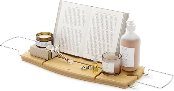 Umbra Aquala Bath Caddy, Extendable Bathtub Tray with Phone Holder, Natural