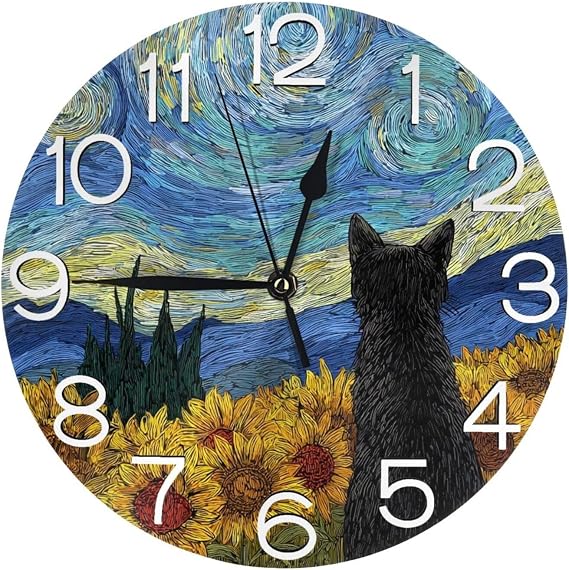 Round Wall Clock Halloween Black Cat Silent Non-Ticking Decorative Clocks Battery Operated Quartz Quiet Desk Clocks for Home Kitchen Bedroom Bathroom