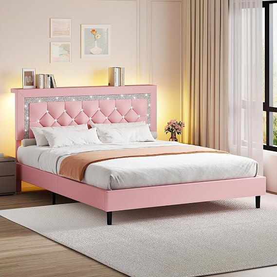 BarnFurin Full Bed Frame, Diamond Tufted Headboard with LED Lights, Pink | Diamond-tufted faux leather adds style. A 4" headboard shelf keeps essentials close, and wood slats need no box spring