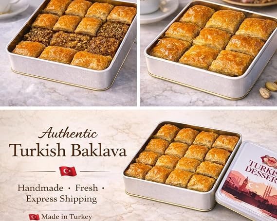 Turkish Baklava With Walnut Gourmet Basket, Dessert Gift Box, Food Basket, Baklava Pastry, Gourmet Snacks, Holiday Gift Baskets, Turkish Snack Box,1.1 LB