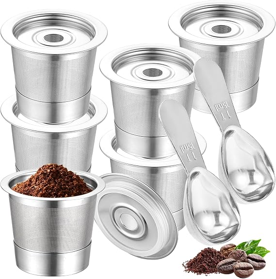 6 Pack Reusable K Cups Coffee Pods for Ninja Coffee Maker PB051 & CFP101/PB041 with 2Pcs Scoop 304 Stainless Steel Reusable K Pod Permanent K Cups Filters Coffee Accessories Fit for Ninja Coffee Maker