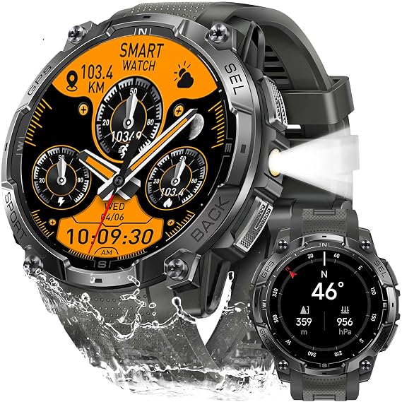 Military Smart Watches for Men Built-in GPS 1.43" AMOLED Screen 3ATM Waterproof Rugged Tactical Smartwatch with LED Flashlight Compass 100+ Sport Modes Heart Rate/Sleep Monitor for iOS Android