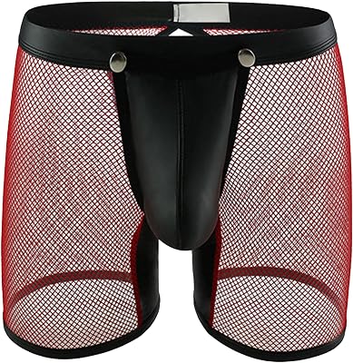 JEKE-DG Mens Faux Leather See Through Shorts Mesh Sexy Loose Short Pants Erotic Clubwear Button Removable Pouch Shorts